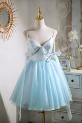Party Dresses Cheap, Sky Blue Spaghetti Straps Party Dress, Cute A-Line Tulle Homecoming Dress