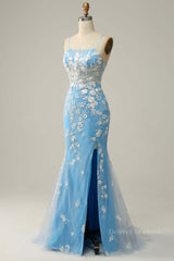Summer Wedding Guest Dress, Sky Blue Straps Mermaid Appliques Cut-Out Long Prom Dress with Slit