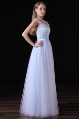 Design Dress, Sleeves Appliques Sheer Lace Button Floor Length Tulle Prom Dresses