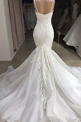 Wedding Dress Outlet Near Me, Spaghetti Strap Real Model White Mermaid Wedding Dresses with AmazingLace Appliques