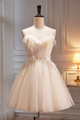 Formal Dress Places Near Me, Spaghetti Strap V Neck Tulle Short Prom Dress, Cute Champagne Homecoming Dress