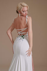 Bridesmaid Dresses Short, Spaghetti Straps Appliques Sweep Train High Split Prom Dresses