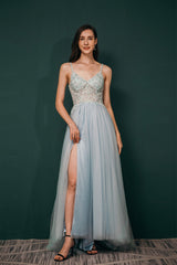 Prom Dresses Near Me, Spaghetti Straps Beading Front Split Long Sky Blue Prom Dresses