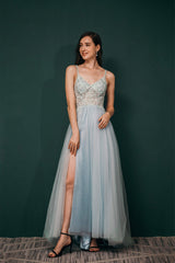 Prom Dress Near Me, Spaghetti Straps Beading Front Split Long Sky Blue Prom Dresses