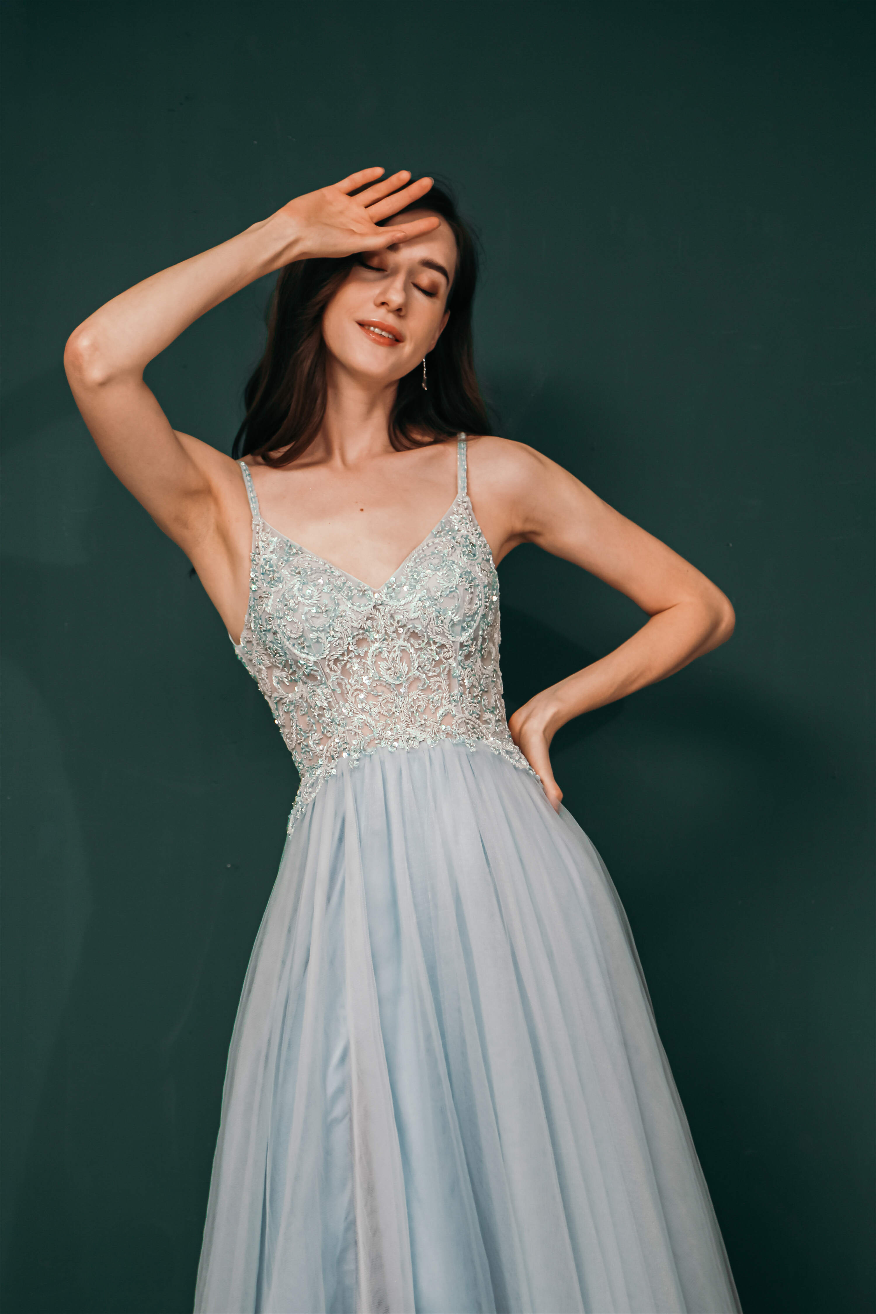 Prom Dress 2041, Spaghetti Straps Beading Front Split Long Sky Blue Prom Dresses