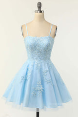 Party Dresses Pink, Spaghetti Straps Blue A-line Appliques Short Homecoming Dress