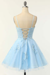 Party Dress Satin, Spaghetti Straps Blue A-line Appliques Short Homecoming Dress