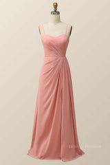 Floral Prom Dress, Spaghetti Straps Blush Pink Chiffon A-line Long Bridesmaid Dress