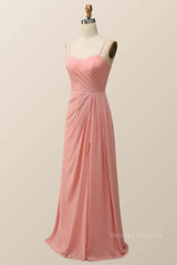 Emerald Green Prom Dress, Spaghetti Straps Blush Pink Chiffon A-line Long Bridesmaid Dress