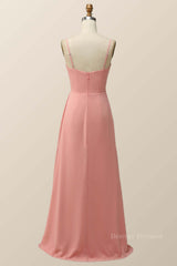 Fairy Dress, Spaghetti Straps Blush Pink Chiffon A-line Long Bridesmaid Dress