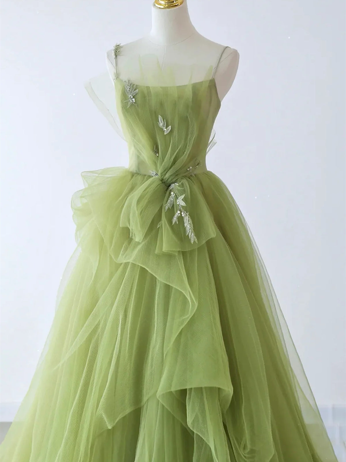 Formal Dresses Wedding, Spaghetti Straps Green Tulle Long Prom Dresses, Green Tulle Long Formal Evening Dresses