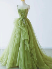 Formal Dress Wedding, Spaghetti Straps Green Tulle Long Prom Dresses, Green Tulle Long Formal Evening Dresses