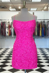 Bridesmaid Dress Styles, Spaghetti Straps Hot Pink Bodycon Mini Dress,Graduation Dresses