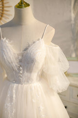 Formal Dress Trends, Spaghetti Straps Ivory V Neck Lace Tulle Princess Homecoming Dresses