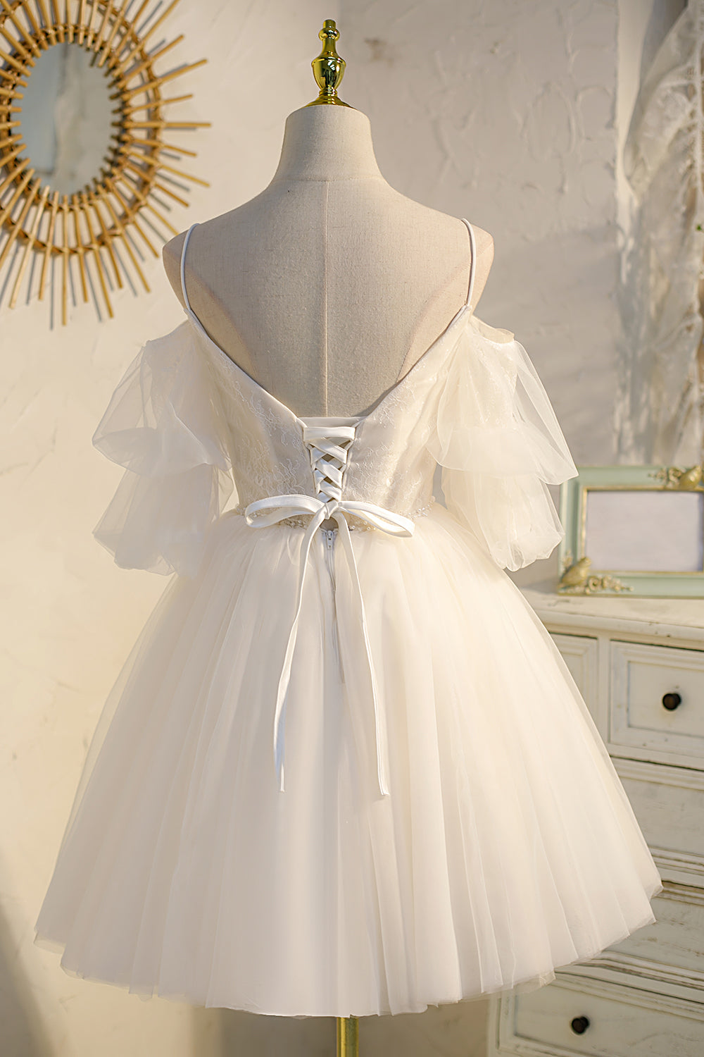 Formal Dresses Cheap, Spaghetti Straps Ivory V Neck Lace Tulle Princess Homecoming Dresses