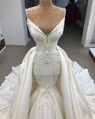 Wedding Dress With Lace, Spaghetti Straps Lace Fit and Flare Wedding Dresses Overskirt Appliques Detachable Satin Backless Bridal Gowns