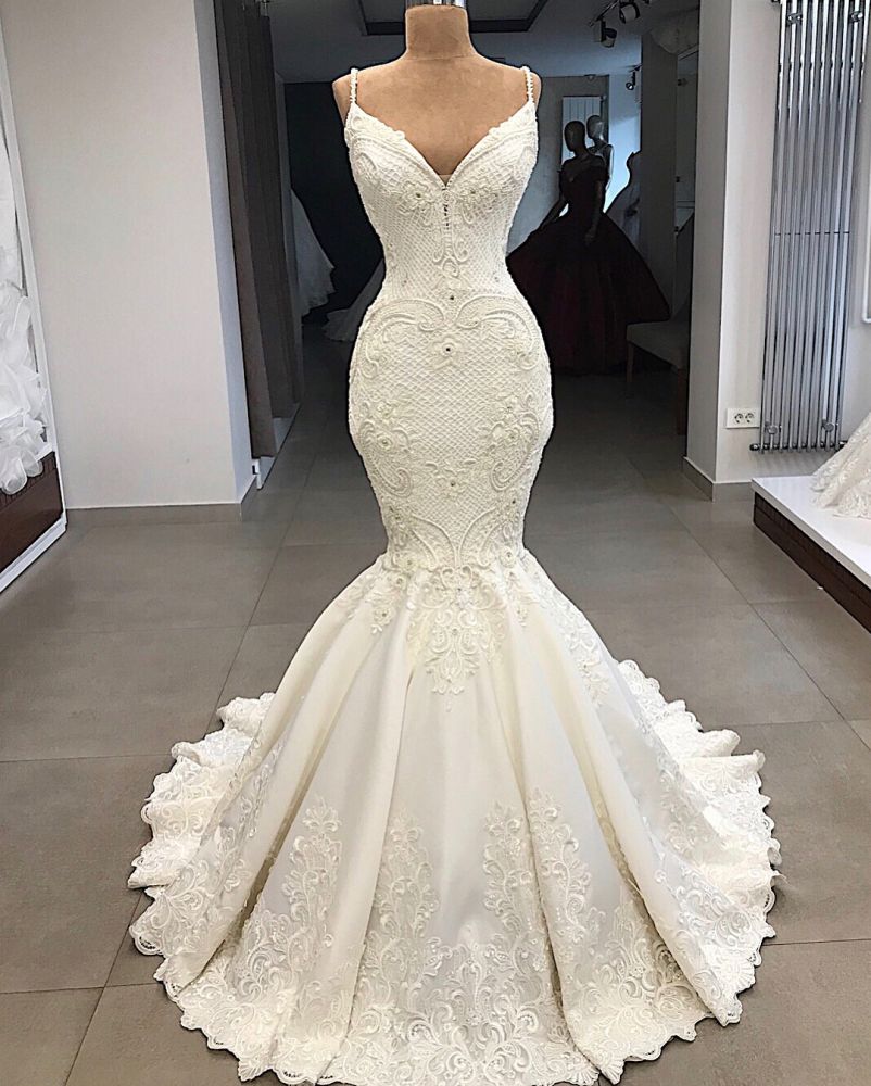 Wedding Dresses With Lace, Spaghetti Straps Lace Fit and Flare Wedding Dresses Overskirt Appliques Detachable Satin Backless Bridal Gowns