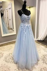 Design Dress, Spaghetti Straps Light Blue Lace Prom Dresses, Light Blue Lace Formal Evening Dresses