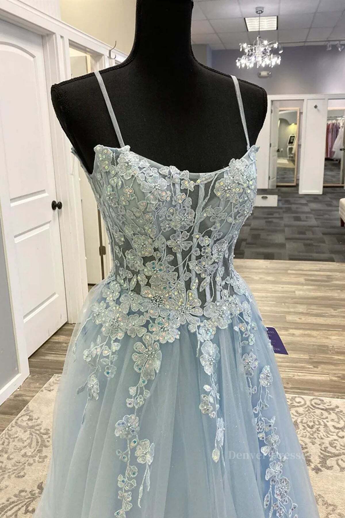 Flowy Dress, Spaghetti Straps Light Blue Lace Prom Dresses, Light Blue Lace Formal Evening Dresses