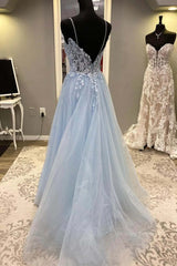 Bow Dress, Spaghetti Straps Light Blue Lace Prom Dresses, Light Blue Lace Formal Evening Dresses