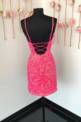 Blue Prom Dress, Spaghetti Straps Pink Sequins Short Homecoming Dress with Criss Cross Back