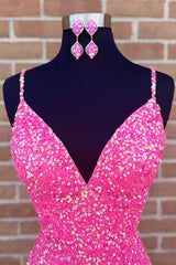 Evening Gown, Spaghetti Straps Pink Sequins Short Homecoming Dress with Criss Cross Back