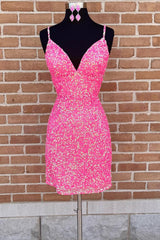 Black Wedding Dress, Spaghetti Straps Pink Sequins Short Homecoming Dress with Criss Cross Back