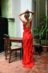 Prom Dresses Brand, Spaghetti Straps Red Long Prom Dresses,Ruffles Sheath Evening Formal Gown