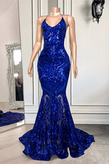 Formal Dress Attire, Spaghetti-Straps Royal Blue Long Mermaid Prom Dress With Sequins