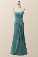 Party Dress Outfits, Spaghetti Straps Teal Green Chiffon A-line Long Bridesmaid Dress