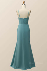 Party Dress Idea, Spaghetti Straps Teal Green Chiffon A-line Long Bridesmaid Dress