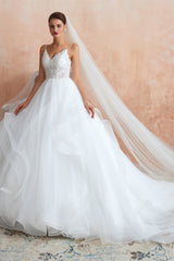 Weddings Dresses Fall, Spaghetti Straps V-neck Lace Organza Tiered A-line Wedding Dresses