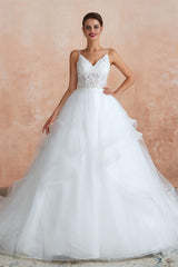 Wedding Dresses Fall, Spaghetti Straps V-neck Lace Organza Tiered A-line Wedding Dresses