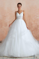 Wedding Dresses White, Spaghetti Straps V-neck Lace Organza Tiered A-line Wedding Dresses