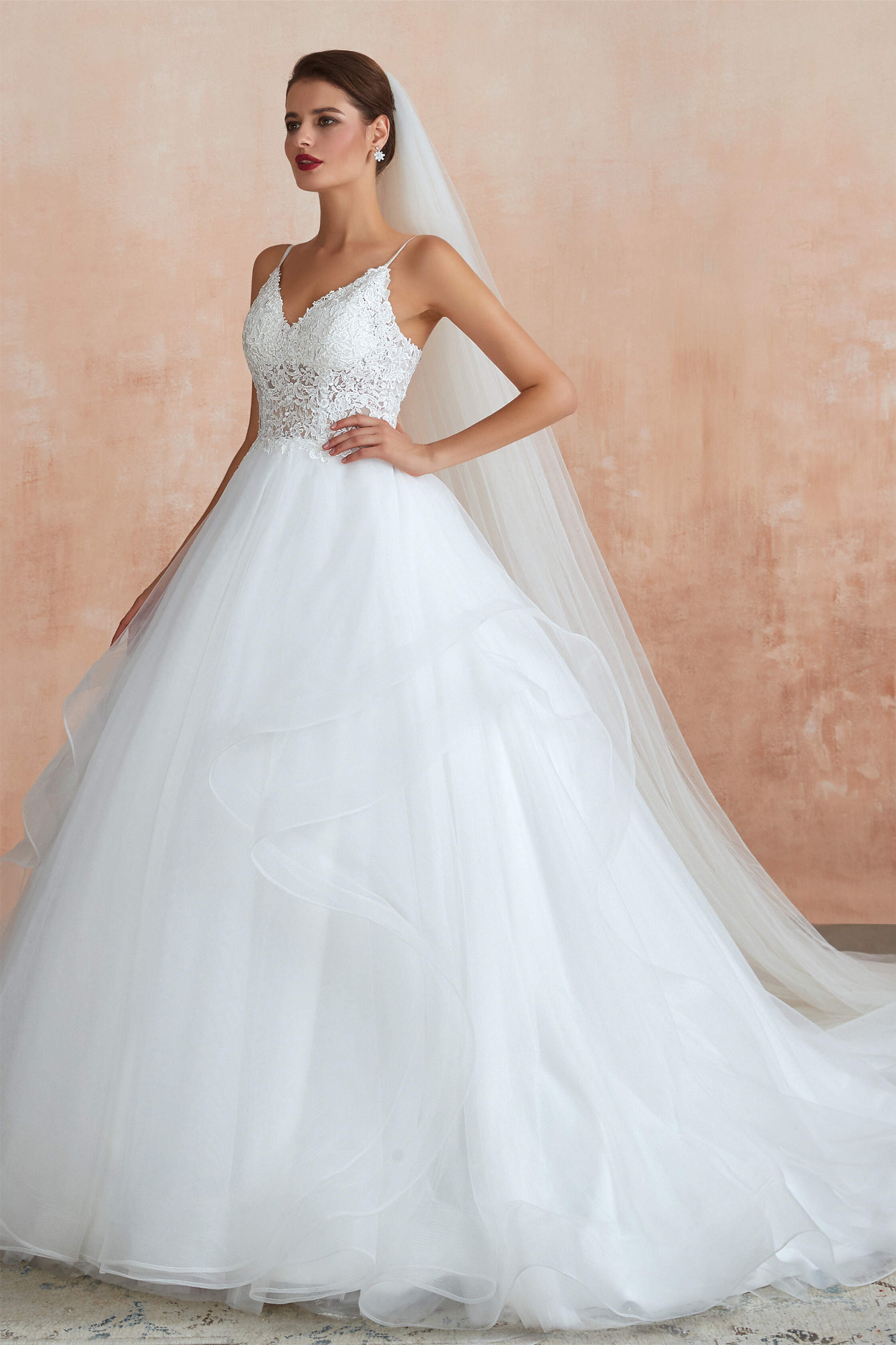 Wedding Dresses 2031 Trends, Spaghetti Straps V-neck Lace Organza Tiered A-line Wedding Dresses