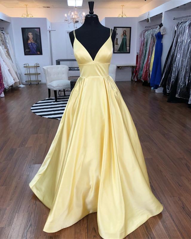 Party Dress Look, Spaghetti Straps V-neck Long Daffodil Simple Satin Prom Dresses