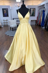 Party Dresses Teen, Spaghetti Straps V-neck Long Daffodil Simple Satin Prom Dresses