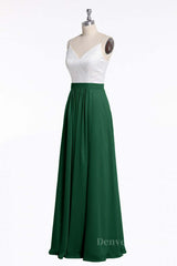 Prom Dress 2052, Spaghetti Straps White and Green Chiffon Long Bridesmaid Dress