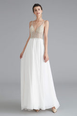 Plu Size Wedding Dress, Spaghetti V-Neck Beaded Pearls Chiffon Prom Dresses