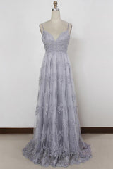 Bridesmaid Dresses Ideas, Spaghetti Straps Long Lace Prom Gown, A Line V Neck Sleeveless Formal Dresses