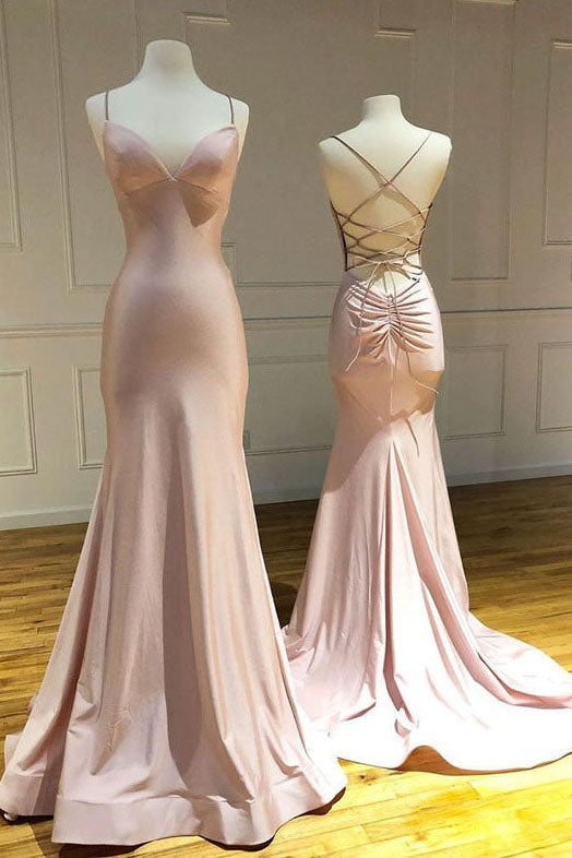 Prom, Pink Spaghetti Straps Mermaid Long Prom Dress, Simple Formal Gown