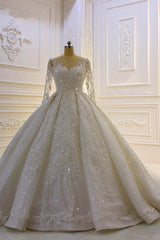 Wedding Dresses Open Back, Sparkle 3D Lace Appliques Long Sleevess Church Train Wedding Dress
