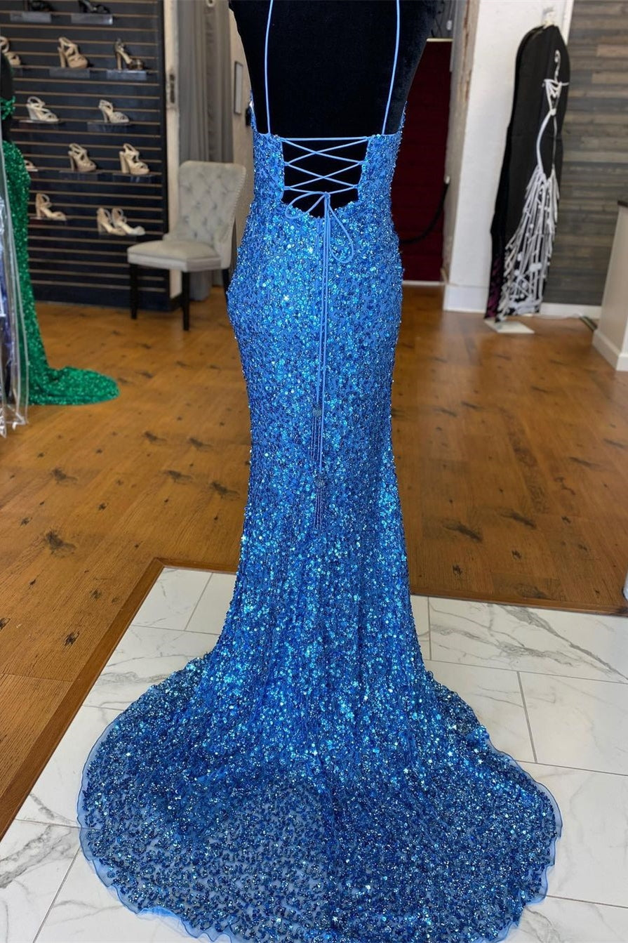 Formal Dresses For Wedding Guest, Sparkle Blue Sequin Prom Dresses Iridescent Mermaid Long Formal Dresses Side Slit