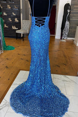 Formal Dresses For Wedding Guest, Sparkle Blue Sequin Prom Dresses Iridescent Mermaid Long Formal Dresses Side Slit