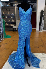 Formal Dress For Wedding Reception, Sparkle Blue Sequin Prom Dresses Iridescent Mermaid Long Formal Dresses Side Slit
