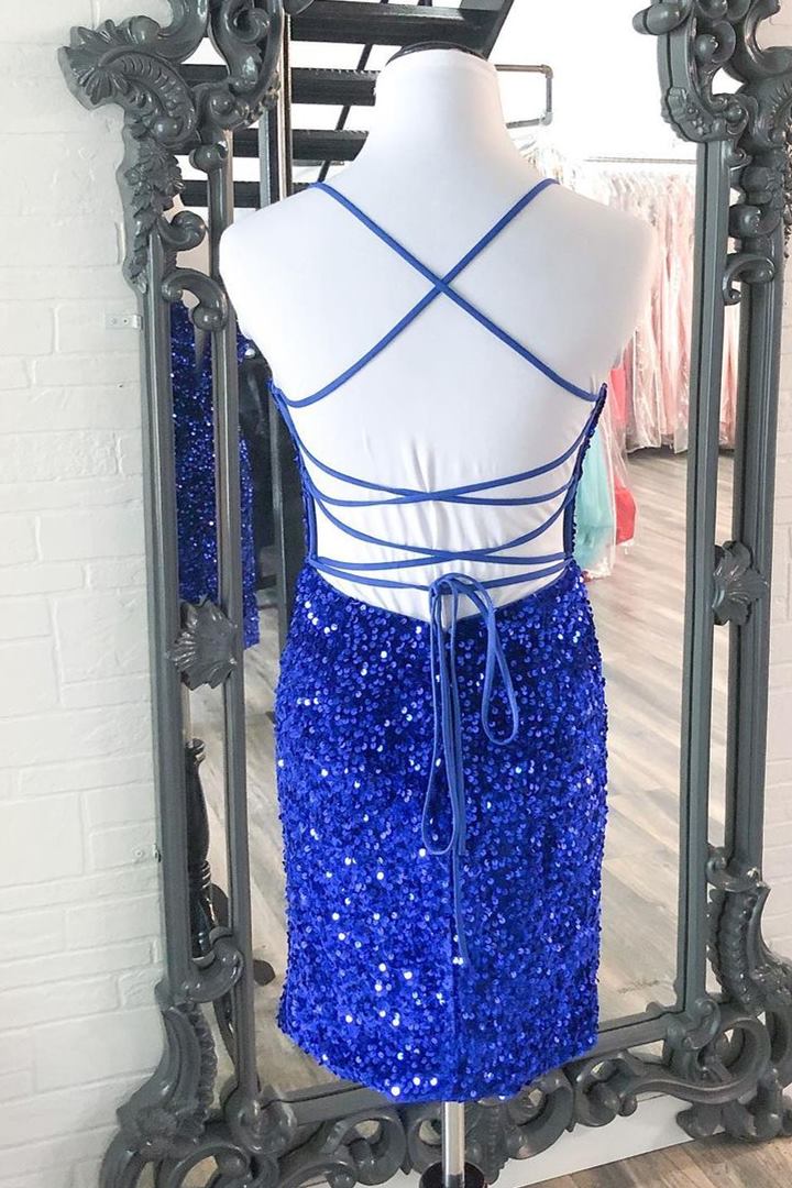 Bridesmaids Dresses Ideas, Sparkle Royal Blue Sequins Bodycon Mini Cocktail Dresses