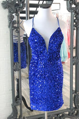 Bridesmaid Dress Idea, Sparkle Royal Blue Sequins Bodycon Mini Cocktail Dresses