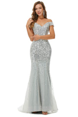 Evening Dress Gowns, Sparkle Silver Mermaid Beaded Cap Sleeves Off-The-Shoulder Prom Dresses