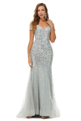 Evening Dresses Gown, Sparkle Silver Mermaid Beaded Cap Sleeves Off-The-Shoulder Prom Dresses