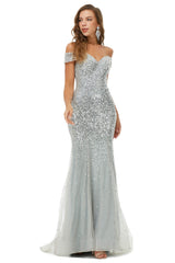 Evening Dress Black, Sparkle Silver Mermaid Beaded Cap Sleeves Off-The-Shoulder Prom Dresses